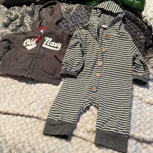 2 Piece Bundle Baby SZ:3-6M Old Navy jacket w hoodie & Hooded striped Jumpsuit